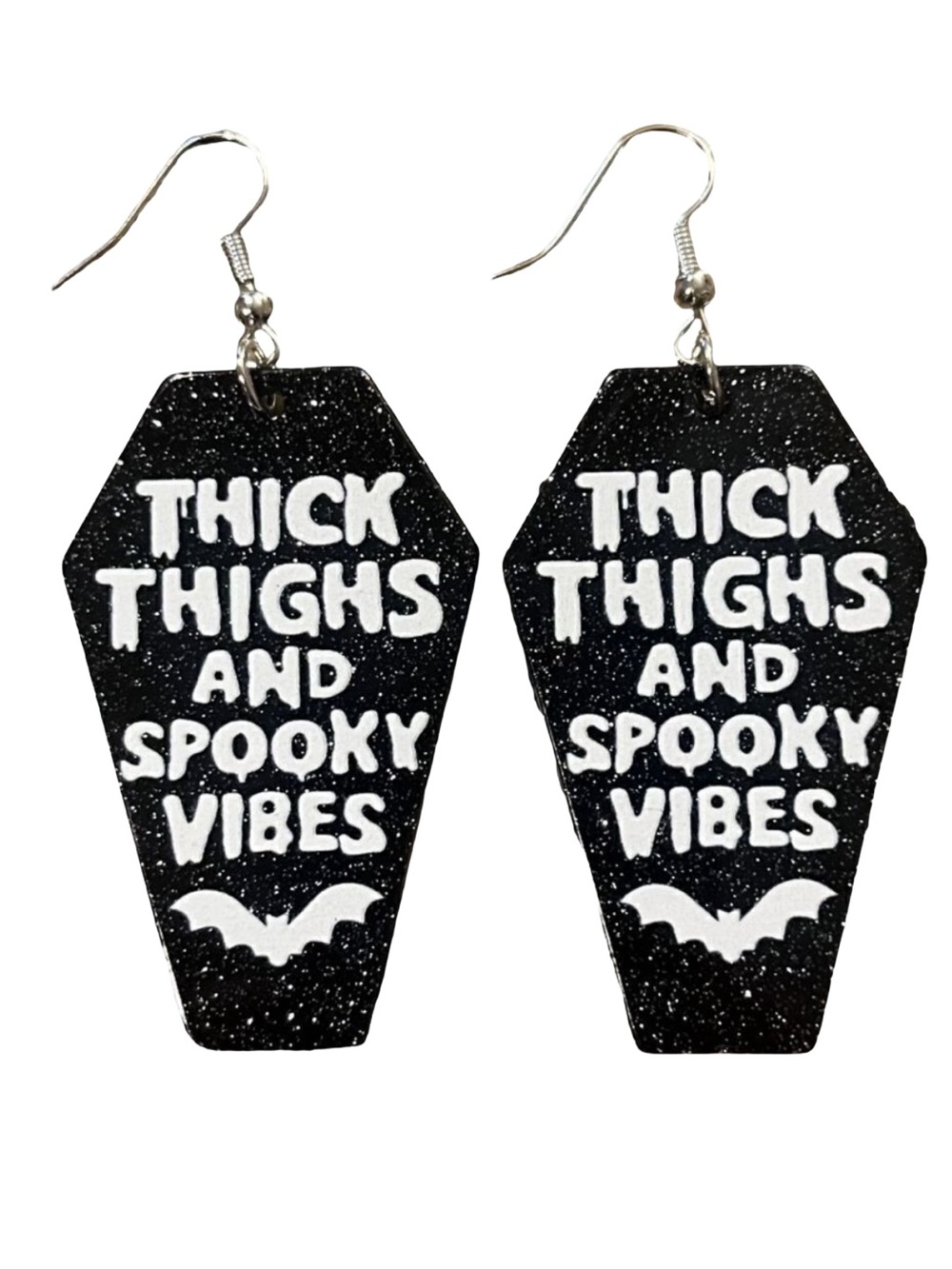 Thick Thighs Spooky Vibes Coffin Acrylic Dangle Earrings Bat Goth Halloween